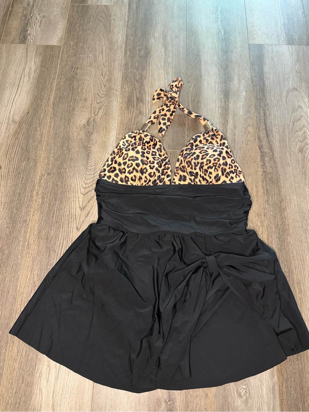 Leopard Print Halter Swimdress with Black Skirt XL